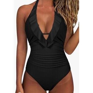 SUUKSESS Women Sexy Halter 1 Piece Swimsuits Ruffle V‎ Neck Tummy Control Large